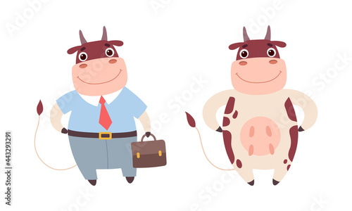 Cute Cow Characters Set, Adorable Farm Animal Standing on Two Legs Cartoon Vector Illustration