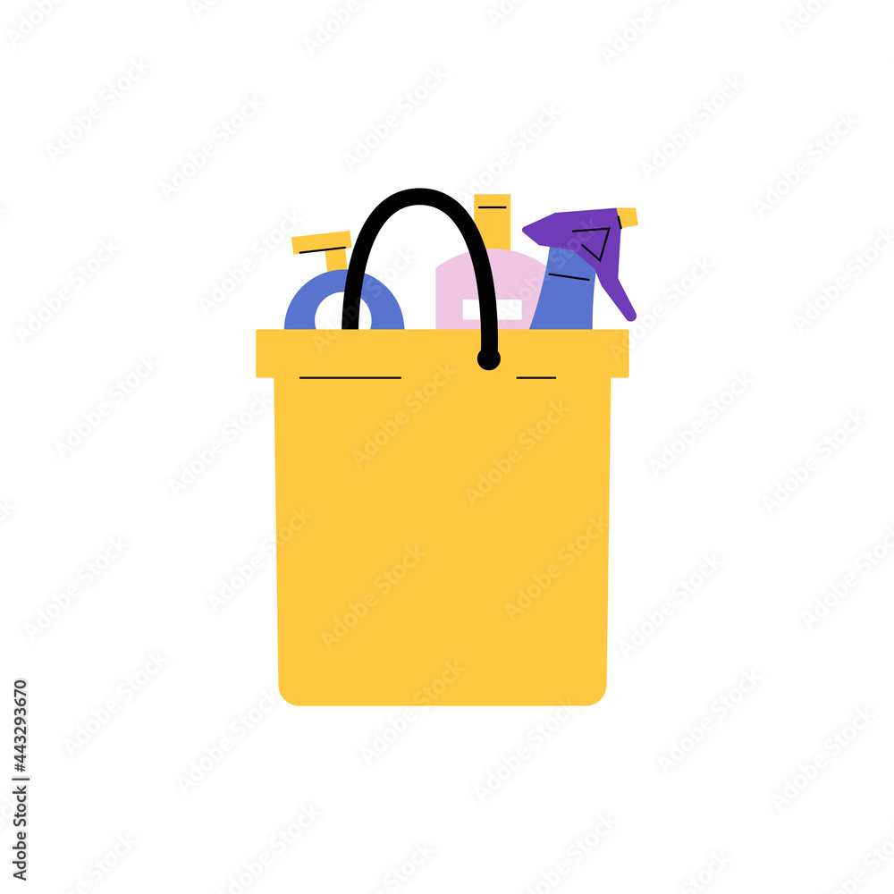 House cleaning bucket with detergents. Modern flat and colorful design isolated on white background. Housekeeping concept. Vector illustration. House cleaning bucket with detergents. Modern flat and colorful design isolated on white background. Housekeeping concept. Vector illustration.