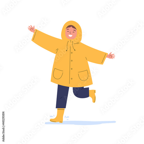 The child runs in the rain. Happy kid in a yellow raincoat during rain. Flat vector cartoon illustration isolated on white background.