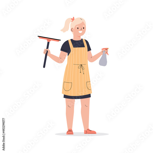 Teenager girl dressed in an apron with wiper. The girl helps with the household. The child washes windows. Flat vector cartoon illustration isolated on white background