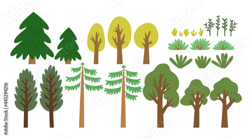 Collection set of cartoon forest trees, bushes, grass and pine trees isolated on white. Hand drawn flat woodland plants with trunk and foliage. Nature botany objects with texture vector illustration