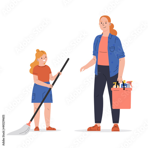 Concept of a happy family, housekeeping, child, parent. Young woman with her daughter wash the floor, clean up. Mom teaches child to clean.Flat vector cartoon illustration isolated on white background