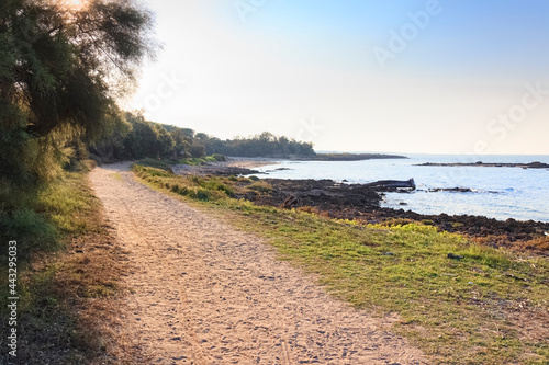 Discovering Italy  Nature Reserve of Torre Guaceto in Apulia. The nature sanctuary between the land and the sea  in the background the watchtower and couple of tourists on bikes. .