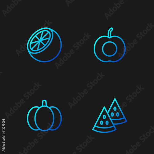Set line Watermelon, Pumpkin, Orange fruit and Peach. Gradient color icons. Vector