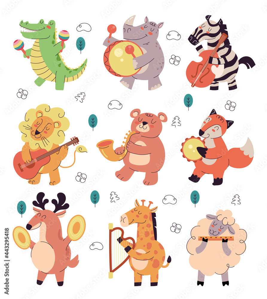 Fototapeta premium Happy smiling animals characters play music on different musician instrument isolated set. Vector flat graphic design illustration