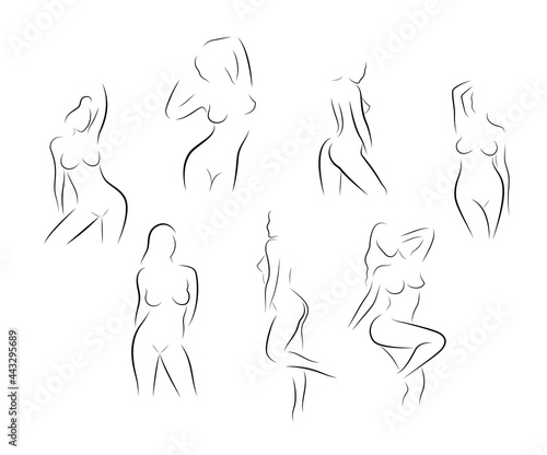 Silhouette of a beautiful nude woman. Sketches of a naked female body in lines on a white background. Sketches on the topic of feminine beauty, health, personal hygiene and body care
