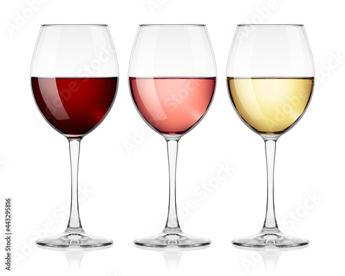 red, rose and white Wine in glass isolated on white background, full depth of field, clipping path