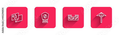 Set line China flag, Chinese paper lantern, Great wall of and Japanese umbrella from the sun with long shadow. Red square button. Vector