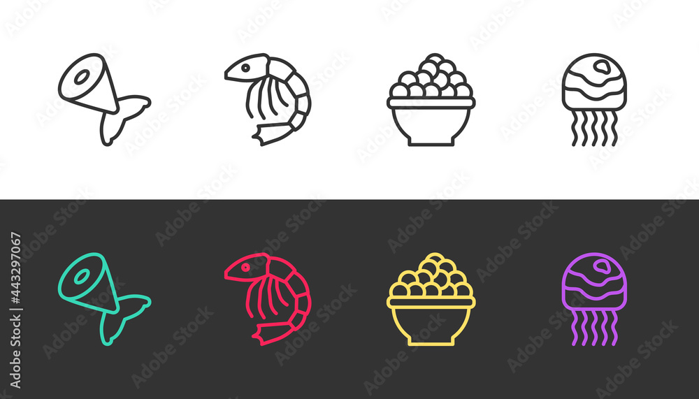 Set line Fish tail, Shrimp, Caviar and Jellyfish on black and white. Vector