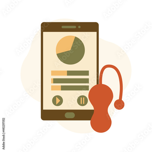 Pelvic floor exerciser and mobile application on smartphone flat illustration. Simulator, device, female health. Strengthen muscles of vagina concept. Can be used for topics like intimate
 gymnastics,