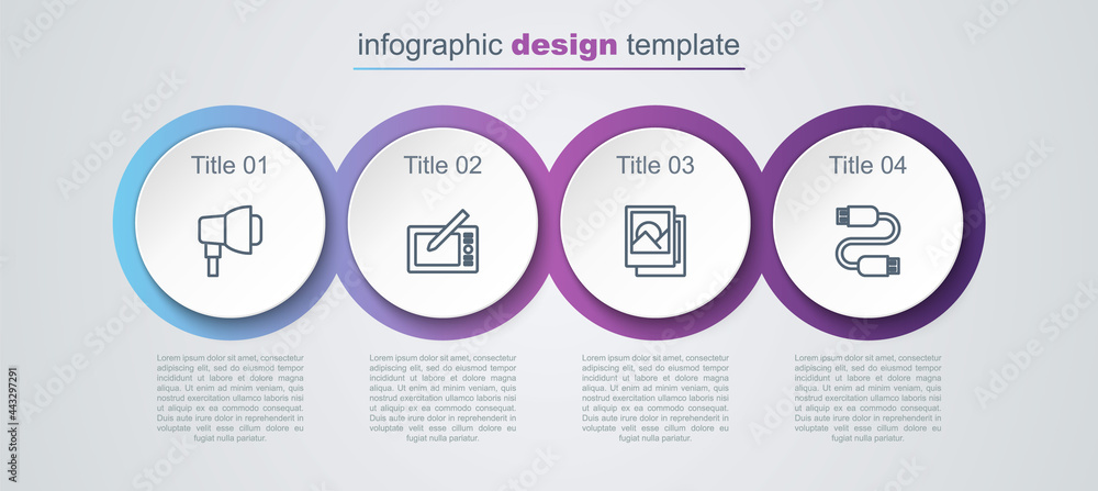 Set line Softbox light, Graphic tablet, Photo frame and USB cable cord. Business infographic template. Vector