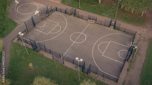 Aerial view of basketball court without players in public park