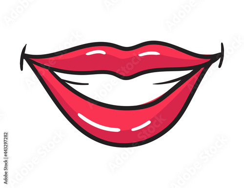 Comic female red lips sticker. Women mouth with lipstick in vintage comic style. Smile pop art retro illustration