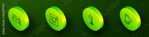 Set Isometric line Photo retouching, camera, Softbox light and Camera roll cartridge icon. Vector