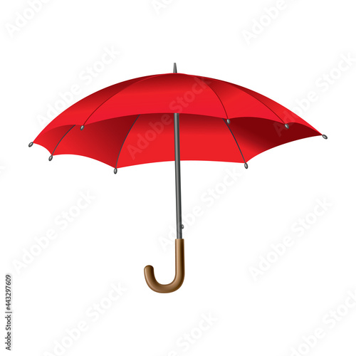 Red umbrella. Isolated on white background. Parasol opened. Hand-held rain or windbreak protection