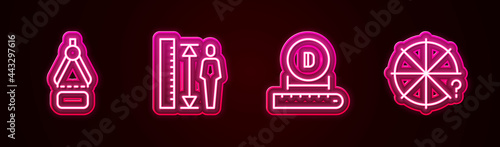 Set line Drawing compass, Measuring height body, Diameter and Circle of pieces. Glowing neon icon. Vector