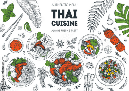 Thai food top view vector illustration. Food menu design template. Hand drawn sketch. Thai food menu. Vintage style. Thai noodle soup, som tam, chicken curry, tom kha gai
