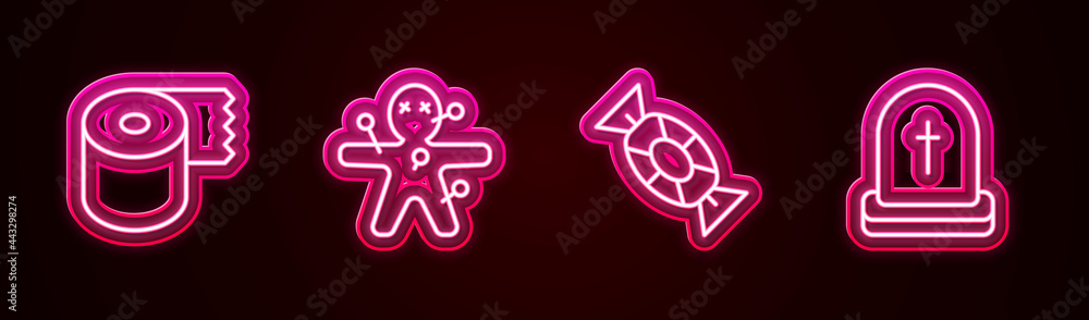 Set line Toilet paper roll, Voodoo doll, Candy and Tombstone with RIP written. Glowing neon icon. Vector Set line Toilet paper roll, Voodoo doll, Candy and Tombstone with RIP written. Glowing neon icon. Vector