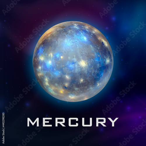 Planet Mercury. Vector 3d Realistic Space Planet in Space Starry Sky. Galaxy, Astronomy, Space Exploration Concept