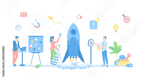 New Project Startup, Financial planning, Idea, Strategy, Management, Realization, Success. Team of specialists launch a rocket into space. Vector illustration flat style.