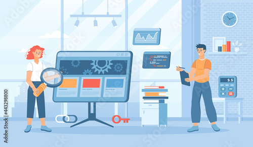 Site audit. Marketing strategy, SEO assessment and analyzing for website. Flat cartoon vector illustration with people characters for banner, website design or landing web page.