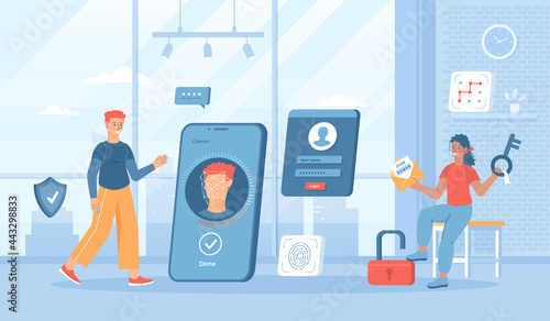 Authentication and Identity Verification. Face, fingerprint recognition, pin pattern locking, user account password. Two Factor Authentication. Flat cartoon vector illustration with people characters