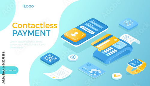 Сontactless payment technology, NFC. Wireless mobile payment. POS terminal, smartphone, credit card, smartwatch, QR code scanning. Isometric vector illustration for website.