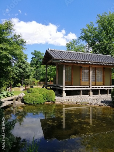St. Petersburg, Russia - July 4, 2021. Peter the Great Botanical Garden. A tea house in the Japanese garden of the architect and designer Yamada Midori near an artificial pond on a sunny summer day.