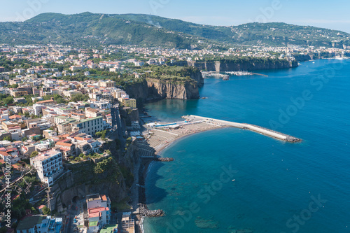 Meta di Sorrento, Campania, Italy. Aerial view of the beautiful beach of Meta di Sorrento. Cliff coastline Meta di Sorrento and Gulf of Naples in Italy.