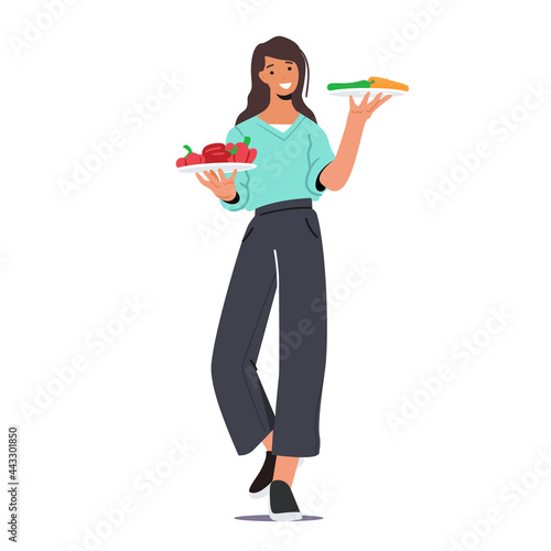 Young Female Character Holding Plates with Vegetables. Bbq Picnic, Vegan Food, Healthy Lifestyle and Organic Nutrition
