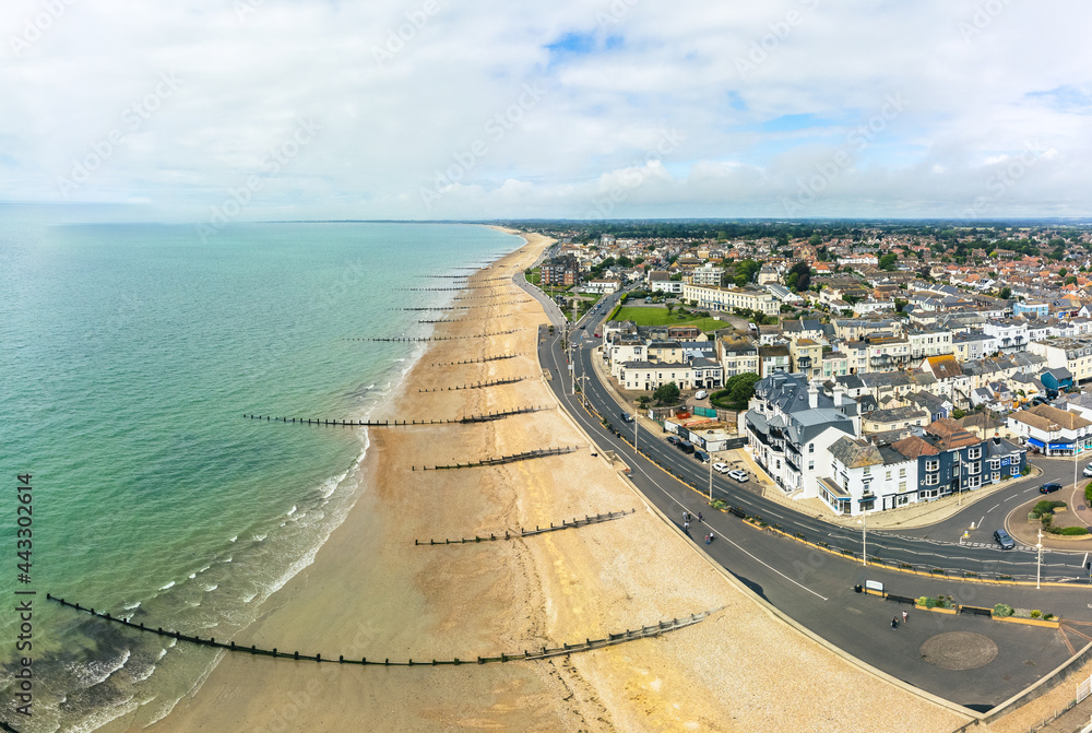 Panoramic aerial done view of Bognor Regis beach, West Sussex, England