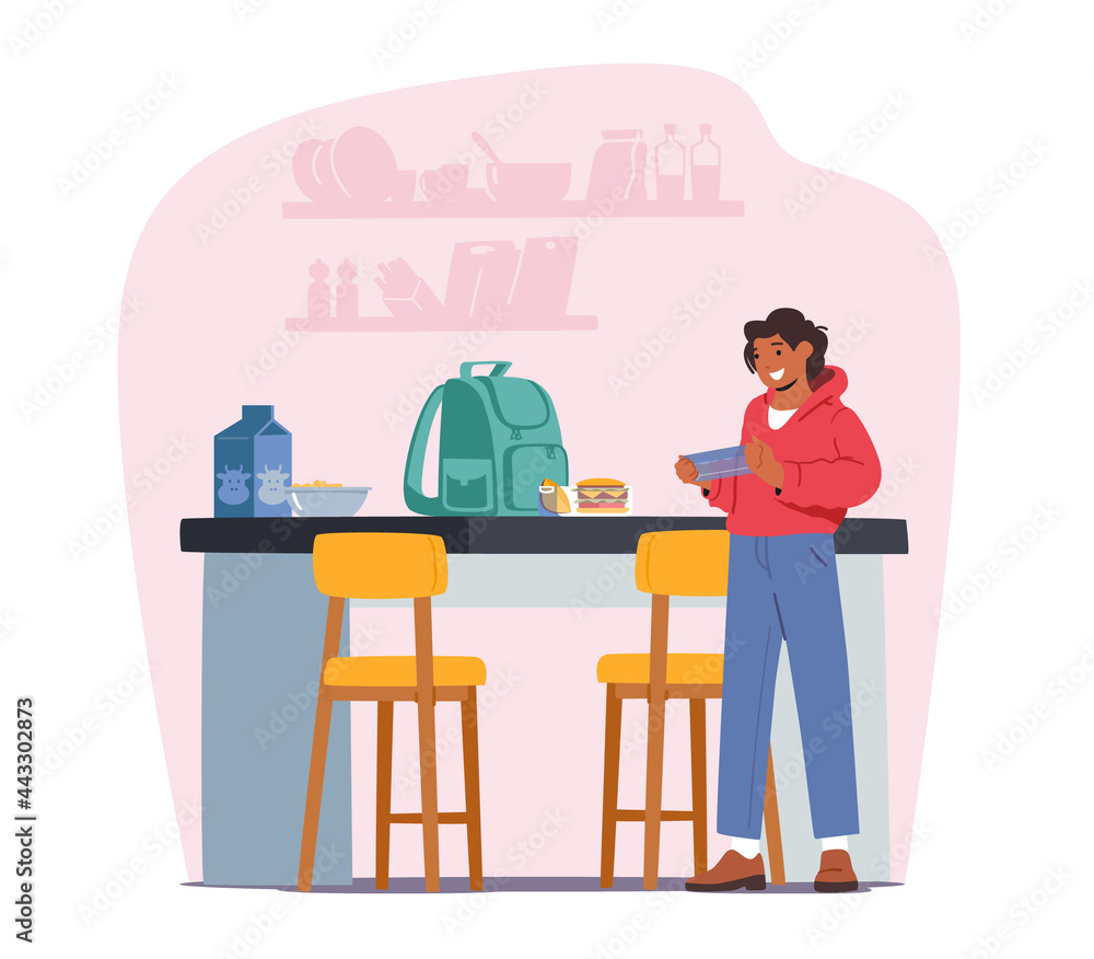 Child Take Lunch Box to School. Teenager on Kitchen with Backpack on Desk Prepare Food. Student Prepare to Learning Child Take Lunch Box to School. Teenager on Kitchen with Backpack on Desk Prepare Food. Student Prepare to Learning