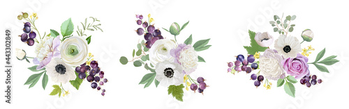 Wedding bouquet floral set. Black currant, peonies, anemones, rose flowers, berry fruits, leaves illustration