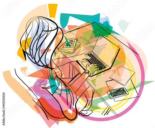 Sketch of business woman working on homeoffice
