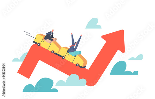 Businessmen Characters Investors Riding Roller Coaster on Chart, Fall on Uncertainty, Volatile Up and Down Arrow Graph