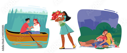 Set of Romance Relations. Happy Girl and Boy Dating. Man and Woman Floating Boat. Young Female Character Holding Flowers