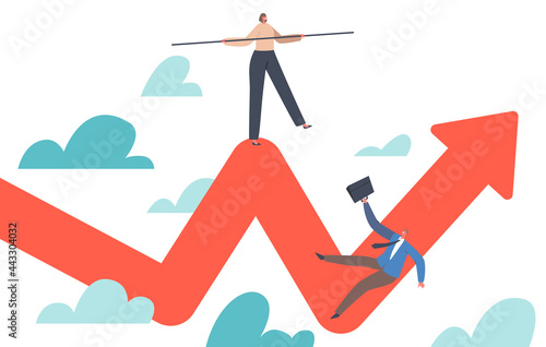 Businessmen Characters Trying to Balance Like Tightrope Walker and Fall Down from Zig-Zag Arrow Profit Graph, Volatility