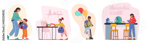 Set School Preparation, Kids Prepare for Studying Concept. Mother Character Take On Rucksack on Schoolboy