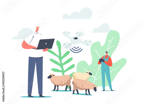 Shepherd Male Character Use Quadcopter and Rfid, Radio Frequency Identification Tag Technology for Grazing Sheep