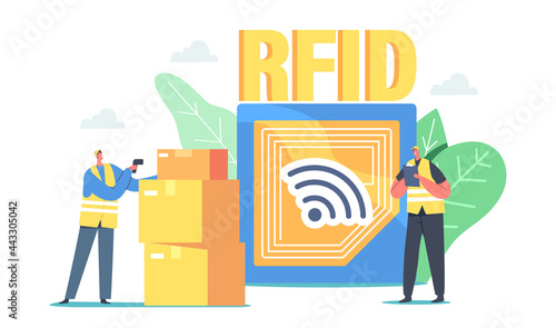 Characters Use Modern Barcode Scanner Read Box on Storage. Contemporary Rfid Business Technology for Warehouse