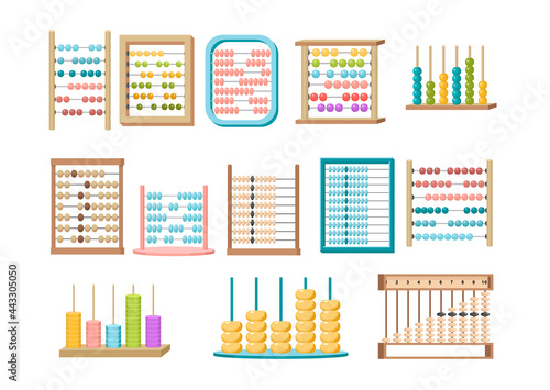 Set of Abacus, Mathematics or Arithmetic Educational Ancient Equipment. Calculator, Math Learning Colorful Toys for Kids