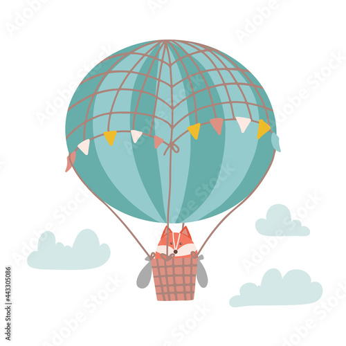 Cute cartoon fox on a hot air balloon in the sky. hildren's illustration in the nursery. Vector flat hand drawn illustration