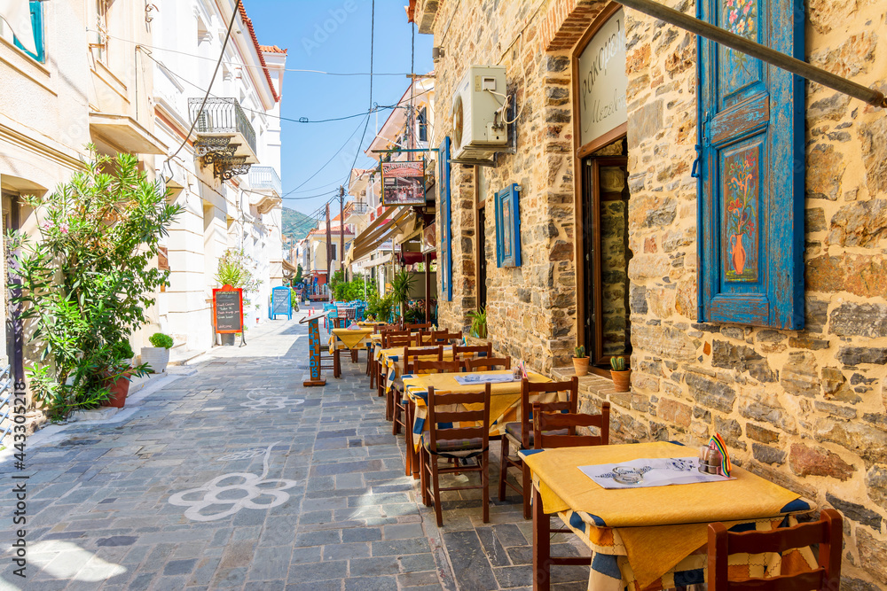 Vathy Village street view in Samos Island. Samos Island is populer tourist destination in Aegean Sea. - obrazy, fototapety, plakaty 