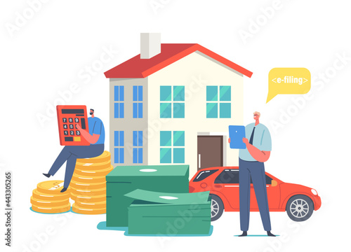Tiny Male Characters Making Online Tax Payment, Man with Huge Calculator, Dollar Coins, Real Estate and Car Count Budget