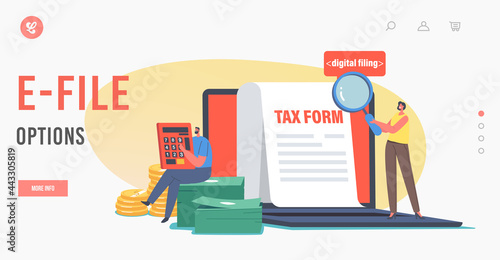 E-file Options Landing Page Template. Female Character with Magnifier Look on Tax Form, Man Make Payment Calculation