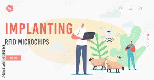 Implanting Rfid Microchips Landing Page Template. Shepherd Male Character Use Quadcopter and Rfid, Radio Tag