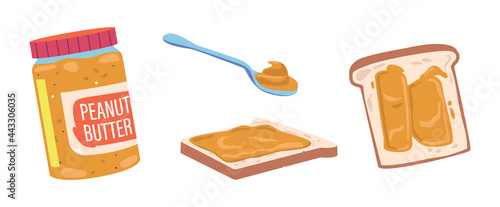 Peanut Butter on Spoon, in Glass Jar and Sandwich Slice. Sweet Spread, Tasty Snack, Nut Brown Cream Graphic Elements