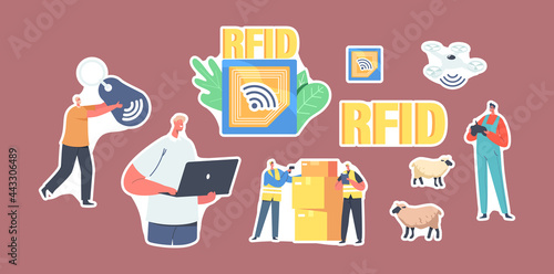 Set of Stickers Rfid Identification Tag Technology. Characters Use Delivery Tracking Electromagnetic Track on Cargo