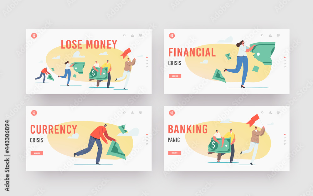 Characters Lose Money Landing Page Template Set. Investment in Financial Crisis, Profit and Loss Deflation and Inflation