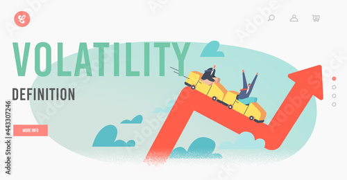 Volatility Definition Landing Page Template. Businessmen Character Investors Riding Roller Coaster on Red Volatile Chart